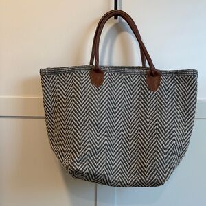 Annie Selke Fresh American Leather Handle Grey and Cream Woven Tote